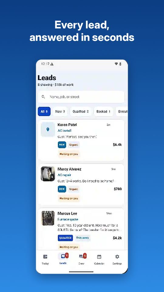 Leads list in the Tradeflare app
