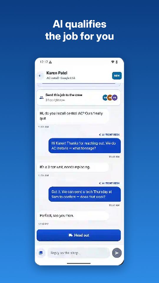 A lead conversation thread in the Tradeflare app