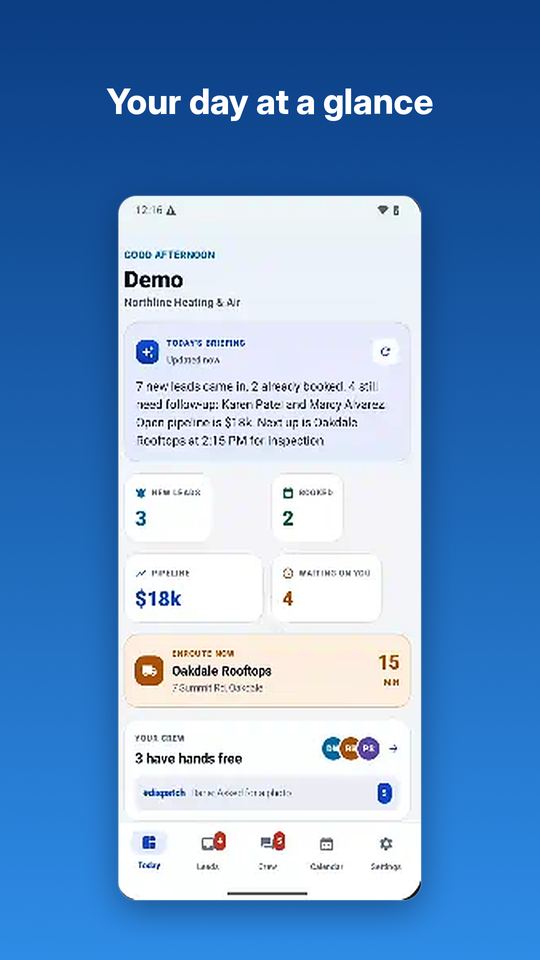 Today dashboard in the Tradeflare app